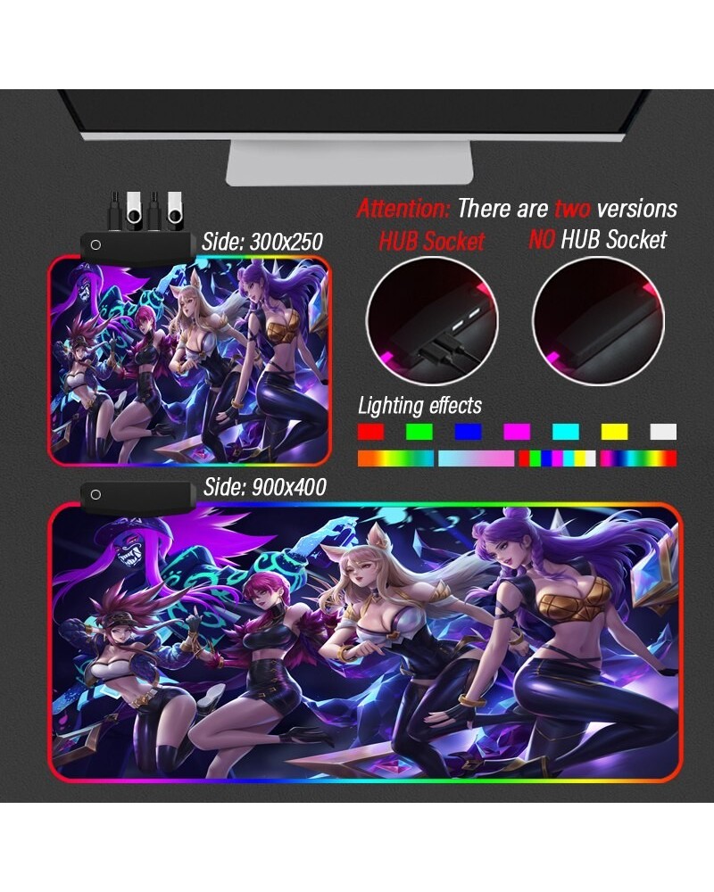 KDA Collection 1 XXL Mouse Pad 4 Port USB Gaming Hub Desk RGB Mousepad Led League of Legends LOL Yasuo HD-Color Custom Slipma...
